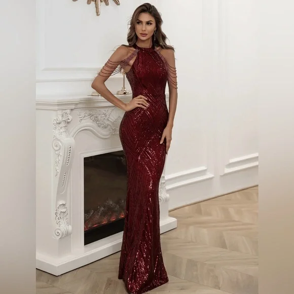 NWOT Miss Ord Burgundy Sequin Halter with Beads Floor Length Dress Size Medium - Picture 3 of 12